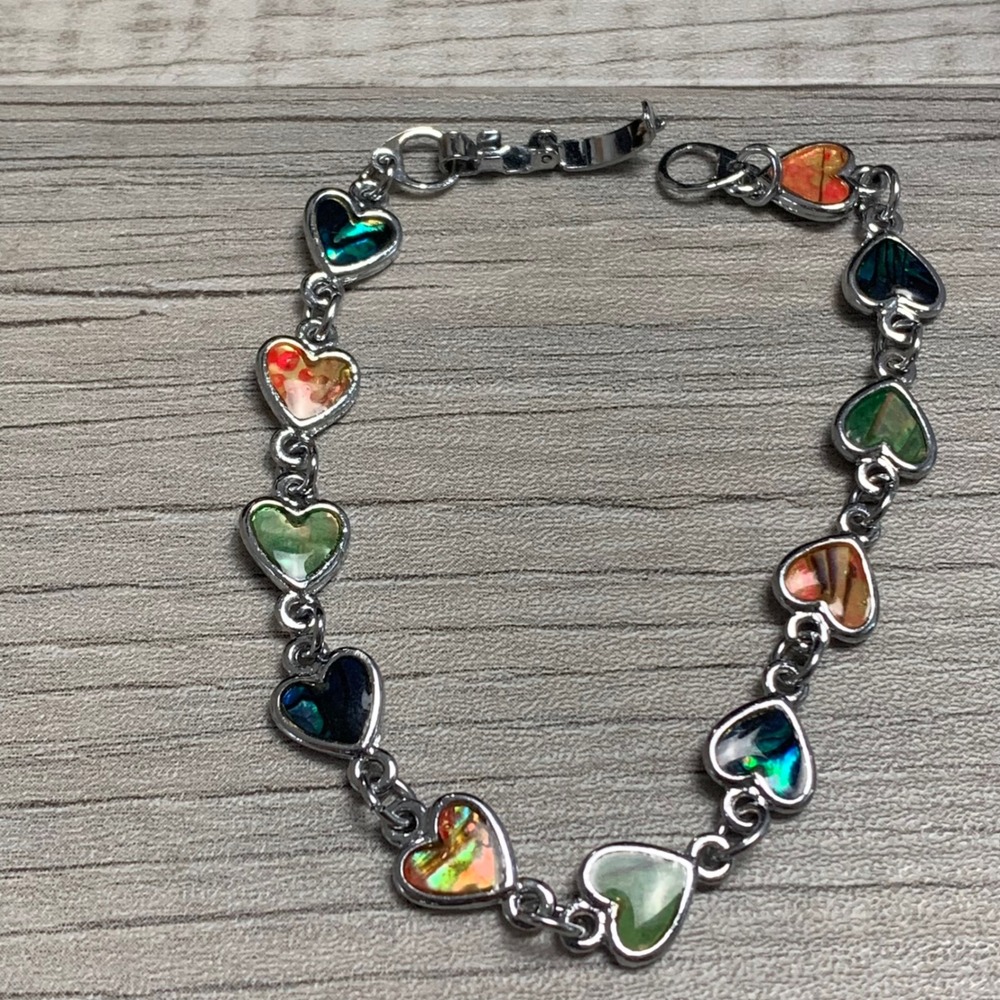 Multi Color Abalone Shell Heart Link Bracelet Silver Tone 6.5 Inch 5234